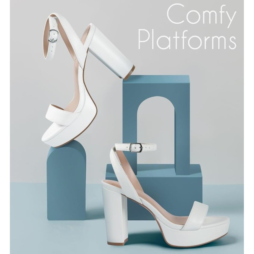 White Platform Block High Heel Sandals Ankle Strap Stiletto vegan Leather Size 9